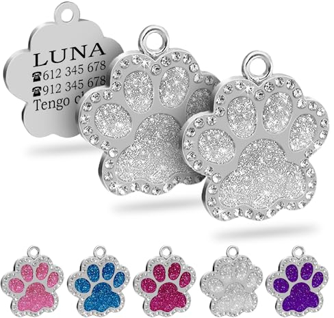 ibera gifts - 2 x Chapa Perro Grabada en Forma de Pata con Perdería y Purpurina, Placa Perro Personalizada para Perros y Gatos Pequeños y Medianos, Chapa Identificativa Perro y Gato (Blanco x 2)