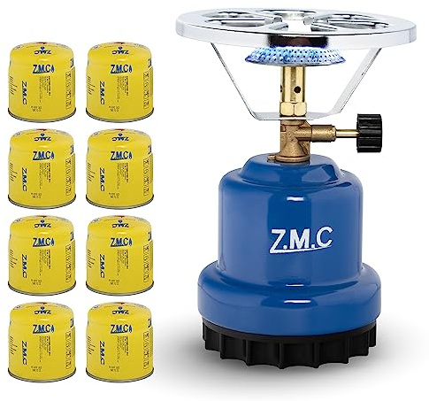Z.M.C Campingkocher Gaskocher 1,1 kW + 8x Gaskartuschen 190g ultraleicht | stufenlose Flammenregelung | nur ca. 80 g/h Verbrauch | 13x19 cm passt in Rucksack | Butan