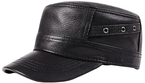 VKEID Herren Lederhut Herren Frühling und Herbst Outdoor Flat Top Single Cap In The Elderly Baseball Cap Casual Cap Schwarz Hüte für Männer