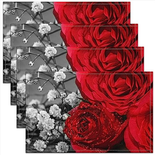 Rote Rose Blumen Tischsets 45Wx30L Satz von 4,3D Gedruckte Blüten Blumen Platzmatten,Valentinstag Botanische Romantische Bauernhaus Garten Rose Abwischbare Hitzebeständige wasserdichte Tischsets