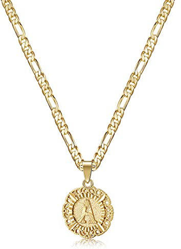 KissYan Initialen-Halskette für Damen, 14 Karat vergoldet, runde Buchstaben-Anhänger-Halskette, Hauptstadt-Monogramm-Halskette, Alhpabets von A-Z, Figaro-Kette, modische Halskette (Goldenes A)
