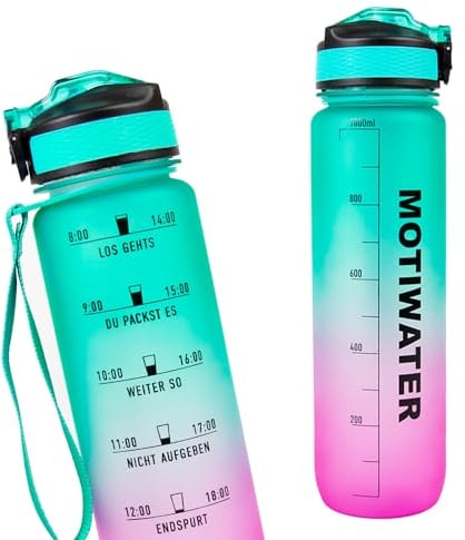 Trinkflasche 1L, deutsch, Motivation, Spühlmaschinen geeignet, Wasserflasche Auslaufsicher, BPA Frei, Sportflasche mit Zeitmarkierung (Grün/Pink (schwarze Schrift))