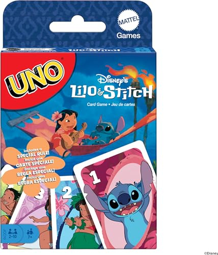 Mattel Games UNO Disneys Lilo und Stitch Kartenspiel für Kinder, Erwachsene und Familien mit Karten und Regeln, die auf dem Film basieren, JCC10