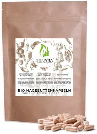 GreatVita Bio Hagebutten Kapseln 180 Stück | 500mg/Tabletten Hagebuttenpulver - 3000mg Tagesdosis | 100% rein ohne Zusätze | Laborgeprüft EU-Anbau (DE-ÖKO-037)