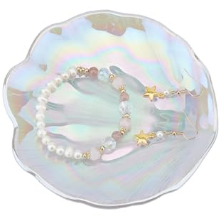 DICOSMETIC Plateau à Bijoux en Forme de Coquille de Verre Plateau à Bijoux Transparent Plateau de Rangement de Bijoux en Coquillage Moderne pour de Colliers Boucles 5.23x5.39