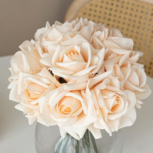 DUYONE Künstliche Rosen, einzelner Stiel, 10 Stück, künstliche Seidenblumen, Blumenstrauß, fühlt sich echt an, für Zuhause, Party, Hochzeit, Dekoration (Champagner)