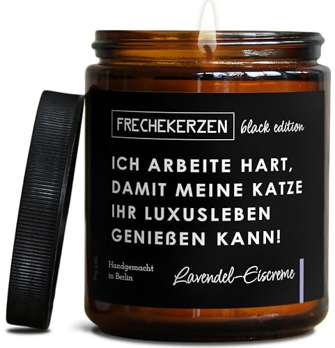Lustige Duftkerze mit Spruch für Katzen Besitzer & Liebhaber | Handgemacht aus Sojawachs | In Geschenkbox | Valentinstag Geburtstagsgeschenk Gastgeschenk Katzenhalter Cat Lovers |Lavendel-Eis