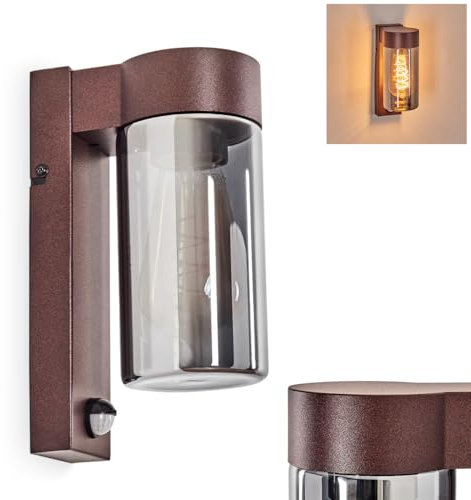 Außenwandleuchte Encoberta, Außenwandlampe mit Bewegungsmelder aus Metall/Glas in Rostfarben/Rauchfarben, Leuchte im Industrial-Design für Garten/Außenfassade/Terrasse, 1x E27, ohne Leuchtmittel, IP44