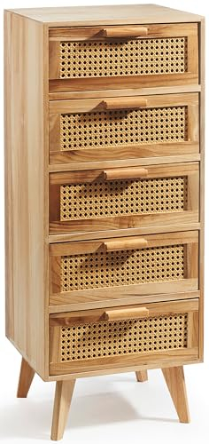 Kobolo Kommode Regal Nachttisch aus Holz mit Wiener Geflecht - 5 Schubladen - B-Ware