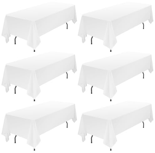 6er-Pack weiße Tischdecken für 6 Fuß große rechteckige Tische 153×320cm, wasserfeste Polyester-Tischdecke, rechteckige Tischdecke aus Stoff, waschbare weiße Tischdecken für Partys, Hochzeiten
