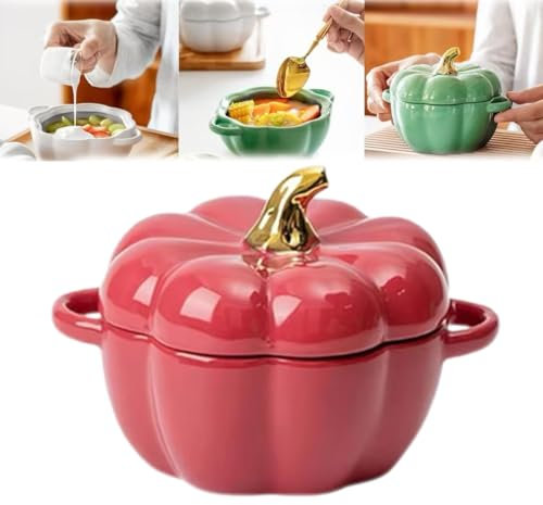 Bol à citrouille d'automne en céramique avec couvercle, passe au four, 425,2 g, pot de rangement décoratif en forme de citrouille, pour la maison, Thanksgiving, Halloween, fête (rouge)