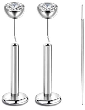 2 Stück Labret Piercing 16g (1.2mm) – G23 Titan Pin Stecker mit 3mm Zirkonia – 10mm Stablänge für Helix, Tragus, Cartilage, Monroe, Lippenpiercing – Push-In Ohne Gewinde, Inklusive Einführhilfe