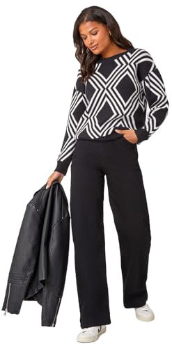 Roman Originals Thick Jumper for Women UK - Ladies Winter Autumn Smart Casual Knit Knitted Knitwear Pull-On Round Crew Neck Long Sleeve Work Office Dinner Party - Black Ivory - Size 16