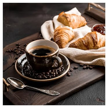 STYLER Küchenbild Croissant 30 x 30 cm I FRÜHSTÜCKSGLÜCK I Glasbild mit Kaffeetasse, Kaffeebohnen & Croissants I Bild für Küche & Esszimmer I Kaffeemotiv I Wandbild Kaffee I Moderne Küchenbilder