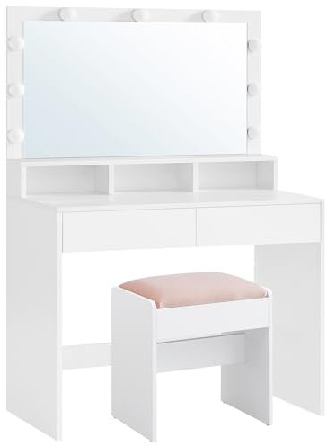 VASAGLE Kailyn Kollektion - Schminktisch mit Hocker, Frisiertisch mit Spiegel und LED-Leuchten, Kosmetiktisch, Schubladen und offene Fächer, Schrank mit 2 verstellbaren Ablagen, wolkenweiß RDT720W01