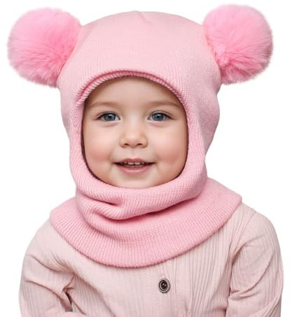 DRESHOW Kinder Wintermütze Warme Schal Schlupfmütze Strickmütze Kapuze Weiche Schalmütze mit Doppelt Bommel Pom Pom Beanie Mütze für Kleinkinder Jungen Mädchen 1-6 Jahre