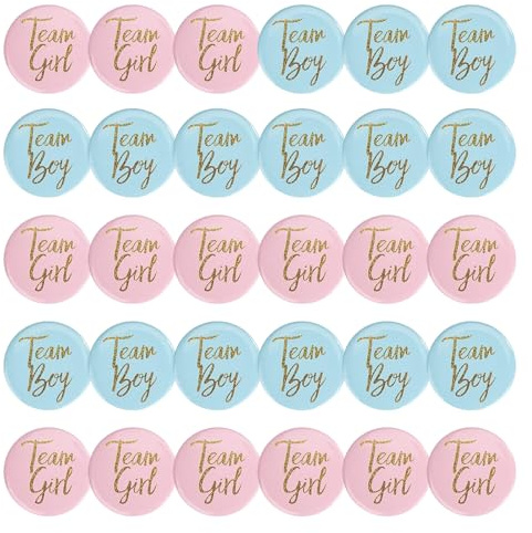 Lot de 30 badges révélateurs de sexe - 4,5 cm - Team Girl et Team Boy - Badge rond - Pour fête prénatale - Accessoire de décoration (bleu et rose)