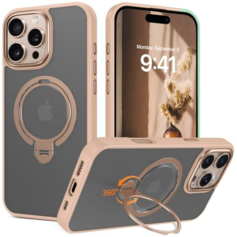 YINLAI iPhone 16 Pro Hülle Gold Mit 360° Ständer Ring, MagSafe-Kompatibel, Magnetische Translucente Matte Handyhülle, Militärschutz, 6.3, Titan Wüstensand