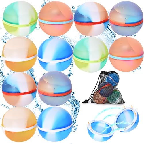 QMofeixiaodianQ 12 Stück Wasserbomben wiederverwendbar, Colour Wiederverwendbare Wasserbomben,Wasserbomben Magnetisch Schnell Wiederbefüllbare Silikon Wasserbomben für Kinder, Strand,PoolSpielzeug
