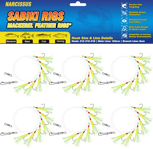Narcissus Mackerel Feather Rigs, 6 Pack Pre-Tied Sabiki Rigs for Sea Fishing with 30 Hooks, Luminous Beads & Bionic Insects, Perfect for Mackerel, Pollock, Cod, Herring, Bass