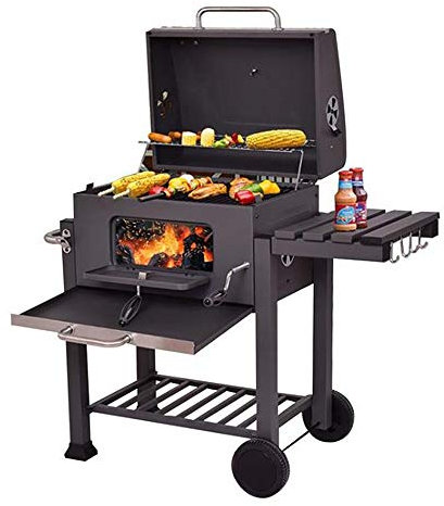 Holzkohlegrill XL, Grillwagen, XL-Kohlegrill mit Deckel, Rollen und Thermometer, höhenverstellbar, großer Holzkohlegrill, für Camping und Garten, schwarz