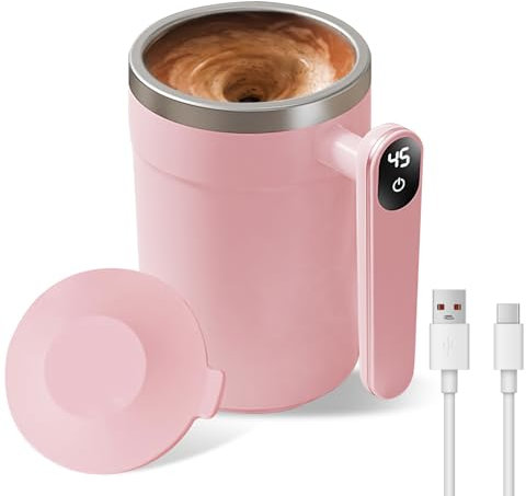 TechVizrs Selbstrührende Kaffeetasse, Automatisch Magnetisch Rührende Kaffeetasse, 400ml Utomatic Magnetic Stirring Coffee Mug aus Edelstahl für Milch, Kakao Im Büro, Küche, Reisen (Rosa)
