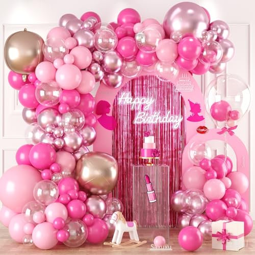 Pink Balloon Arch Kit, Pink Balloon Garland Arch Kit, Rose Gold 4D Round Foil Balloons, Macaron Light Metallic Latex Helium Clear Balloons For Girls Women Princess Birthday Baby Shower Party Wedding