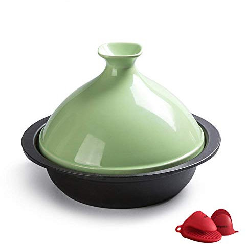 Tajine marocain en Fonte, cocotte avec Couvercle, Grand Format 24 cm, tajine marocain avec Base en Fonte émaillée et Couvercle Conique (Vert)