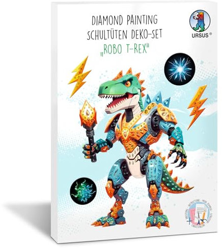 Ursus 10020002F - Diamond Painting Dekorations-Set Robo T-Rex für eine Schultüte, 4 Bogen Bastelkarton, beidseitig bedruckt, vorgestanzt, genutet, mit Diamantsteinen und Satinband
