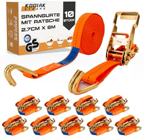 10 Stück Spanngurte 6m x 1500kg mit Ratsche und Haken - 27mm Zurrgurte mit Ratsche - Orange Ratschengurt für Ladungssicherung - TÜV/GS geprüft nach DIN EN 12195-2 - KODIAK STRAPS