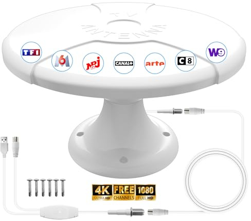 Antenne TV pour Camping-Car, Antenne TV Numérique Intelligente HD pour Extérieur, Réception 360°, Réception Gratuite des Chaînes Locales, 4K 1080P, Câble 5m, Extérieur, Maison, Camping-Car et Camion