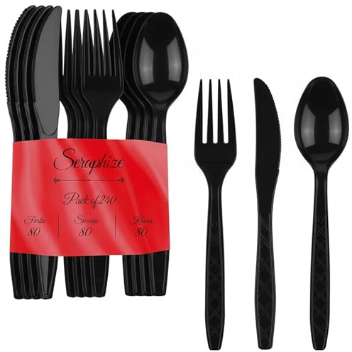 Seraphize Plastic Cutlery Set Pack of 240 (80 Spoons, 80 Fork & 80 Knives) Strong, Durable & Lightweight | Heavy Duty Reusable Cutlery Set | Dining Utensils for Events & for Everyday Personal Use