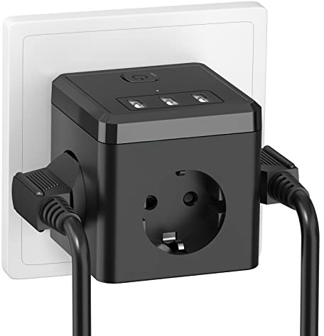 USB Steckdose, Steckdosenadapter 6 in 1 Doppelstecker für Steckdose mit 3 USB - Schwarz
