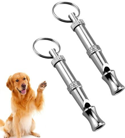 Hundepfeife 2er-Set Ultraschallpfeife für Rückruftraining & Hundeerziehung, Hochfrequenz Pfeife Silber Edelstahl Einstellbare Frequenz & Sicherungsmutter inkl. Lanyard, Profi Zubehör gegen Bellen