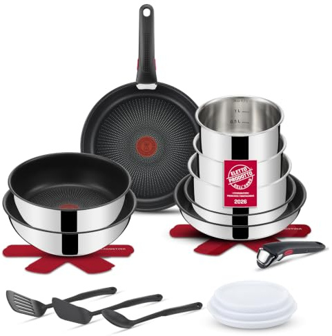 Lagostina Ingenio Inox, Set Pentole e Padelle, Antiaderente, 20 Pezzi | In Acciaio Inox, Con Manico Removibile, Padelle, Wok, Tegame e Casseruole, Salvaspazio, Per Induzione e Altre Fonti di Calore