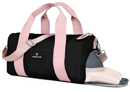 Outplea Petit sac de sport mignon pour femme, sac de danse léger de 15 l avec compartiment pour chaussures et humidité, sac de sport léger, Noir/rose, Décontracté