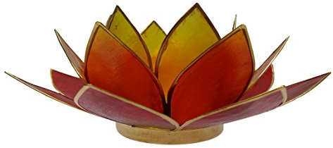 TRIMONTIUM Teelichthalter Sonnenuntergang in Form einer dreiblättrigen Lotusblüte, Capiz-Muschel, gelb/orange/rot, 14 x 14 x 8 cm