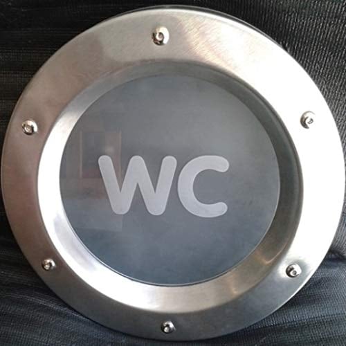 Ojo de buey para puerta de acero inoxidable INOX, 350 mm de diámetro, cristal mate con la palabra WC, tuercas de collar