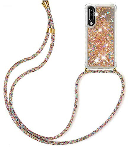 HongMan Handykette Hülle kompatibel mit Samsung Galaxy A50/A30S/A50S mit Band zum Umhängen, Glitter Handyhülle Flüssig Treibsand, Handyhülle Stoßfest Silikon Transparent Hülle mit Kette,Golden