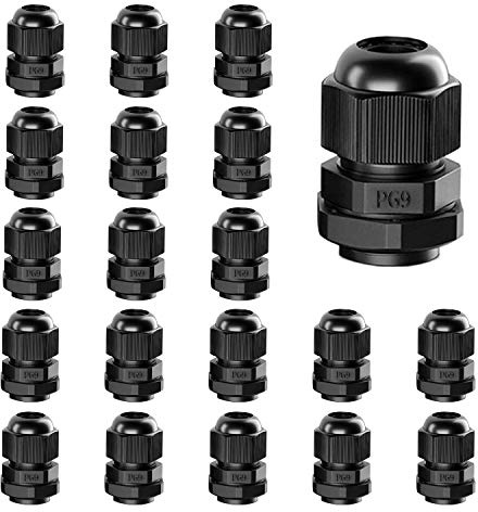 AMPELE Cable Gland 20 Pack PG9 Waterproof Adjustable 4-8mm Nylon Cable Glands Joints With Gaskets, Black(PG9)