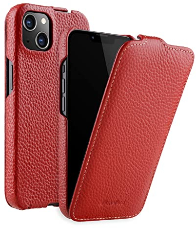 MELCKO Hülle passend für Apple iPhone 13 (6,1 Zoll), Handyhülle mit beschichtetem Leder, Flip-Case, Schutzhülle klappbar, dünne Handy-Tasche, Slim Cover, Rot