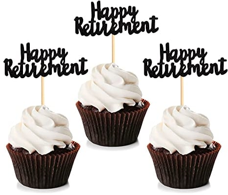 Blumomon 24Pcs Happy Retirement Cupcake Toppers Glitter Retired AF Cupcake Picks Retirement Theme Birthday Party Cake Decorations Supplies Black