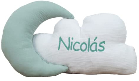 Coussins pour enfants personnalisés en forme de Lune et Nuage - Ensemble coussins décoratifs pour bébé brodé avec le nom - Coussins décoratifs berceaux gravés avec le nom - Bambula - Mint - Nenel