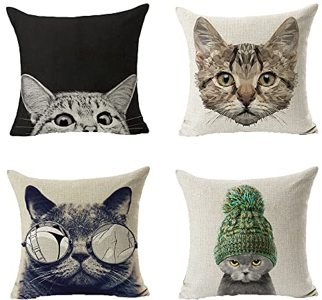 AKIS Home 4er Set Kissenhülle mit niedlichem Katzenmotiv Schwarz und weiß Katze Kissenhülle Kopfkissenbezug für Zuhause und Sofa, Schlafzimmer Dekoration