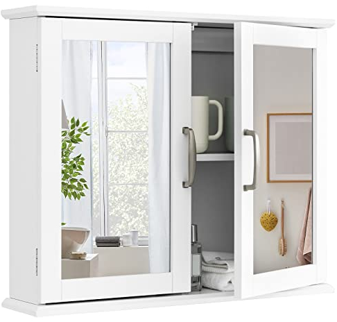 COSTWAY Spiegelschrank Badezimmer, Badschrank mit Spiegel, Badezimmerspiegel, Badezimmerschrank, Hängeschrank Badmöbel, Badezimmerspiegelschrank, 60 x 50 x 14,5 cm