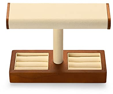 Oirlv T-Shaped Wooden Watch Stand with Jewellery Storage Grid Microfiber Watch Holder Display Organized for Watches & Rings