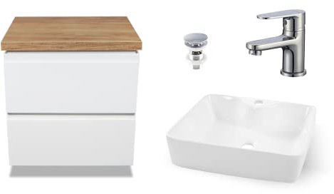 VBChome Meuble de salle de bain 50 cm blanc avec trou de robinet et robinet 41 x 31 cm - Lavabo à poser avec meuble sous lavabo à 2 tiroirs Moduo - Moderne