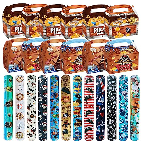 24 Pcs Party Mitgebsel Set, Kinder Slap Armband + Geschenkboxen für Mitgebsel aus Pappe, Mitgebselbox mit Tragegriff, Kinder Piraten Armbänder. Kinder Geburtstag Party Mitgebsel für Jungen und Mädchen