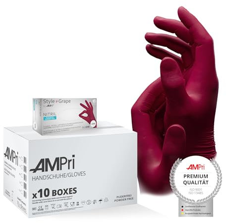 AMPri Nitrilhandschuhe, bordeaux, rot, 10 Box a 100 Stk, Größe L, puderfrei, Style Grape by Med-Comfort: Nitril Einmalhandschuhe, Einweghandschuhe in den Größen XS, S, M, L, XL