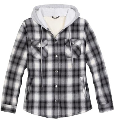 ZENTHACE Damen Flanellhemdjacke mit Kapuze, Sherpa gefüttert, karierte Shacket-Jacken, Druckknopf vorne, Schwarz Weiß, M